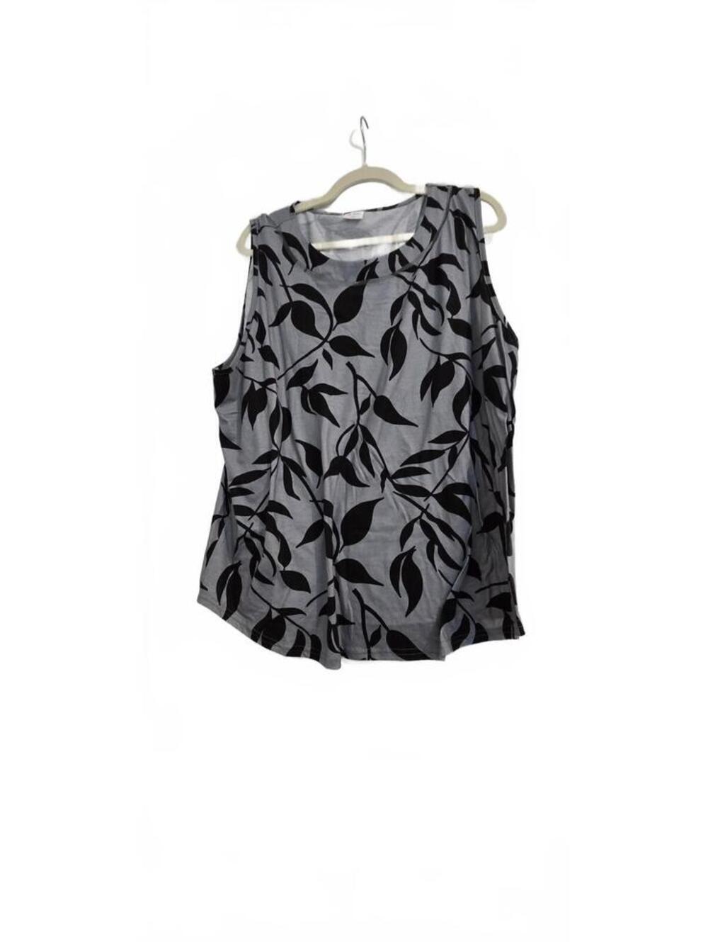 Sleeveless Gray Tank Top with Black Leaf Print
